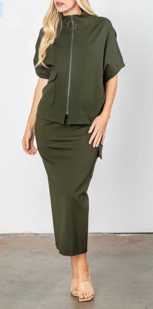 Olive Zip Vest/ Skirt